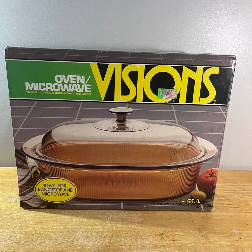 Vtg Corning Visions Amber Glass 4 Qt Covered Oval Roaster Casserole V-34 NIB